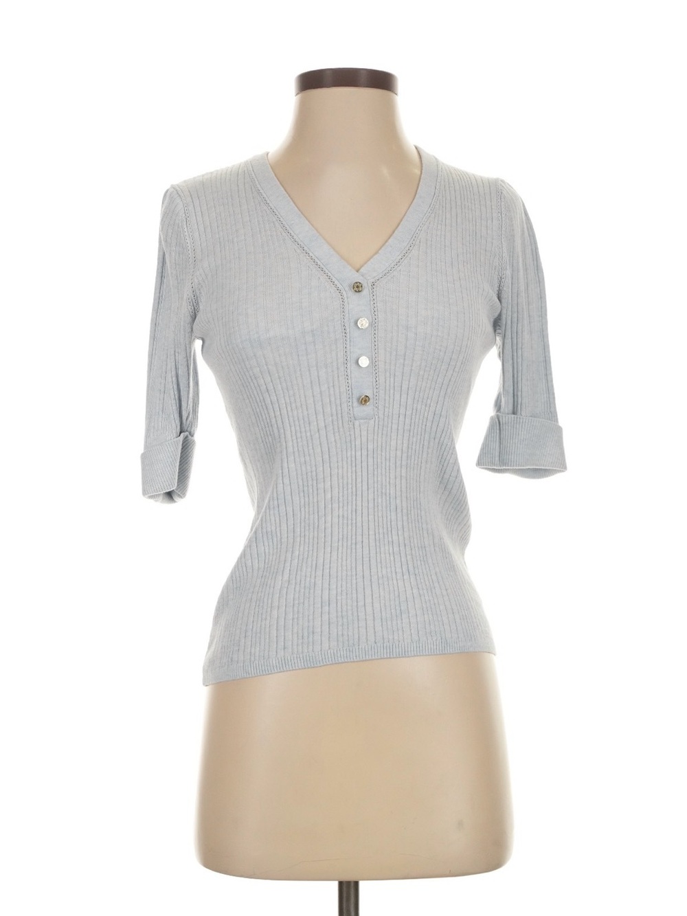 White House Black Market Light Blue Ribbed V-Neck Henley Top